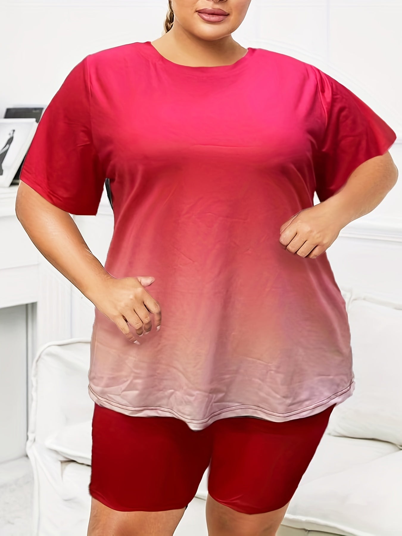 Plus Ombre Print Short Sleeve Round Neck Crop Top & Shorts Set