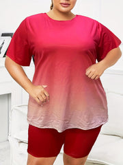 Plus Ombre Print Short Sleeve Round Neck Crop Top & Shorts Set