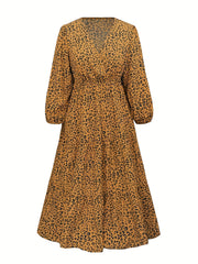 Women's Leopard Print Lantern Sleeve Maxi Dress