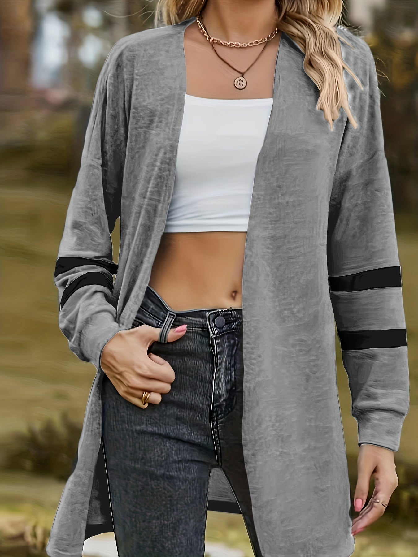 Stripe Print Long Sleeve Open Front Cardigan