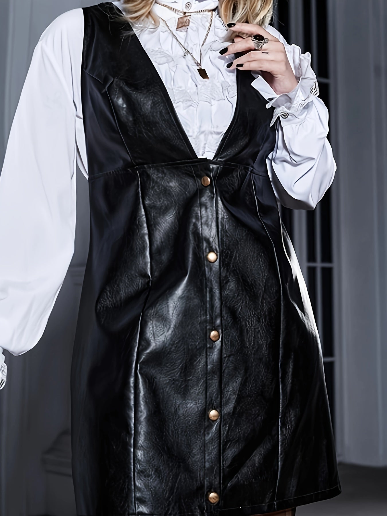 Women's PU Leather Button Up Overall Dress