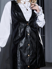 Women's PU Leather Button Up Overall Dress