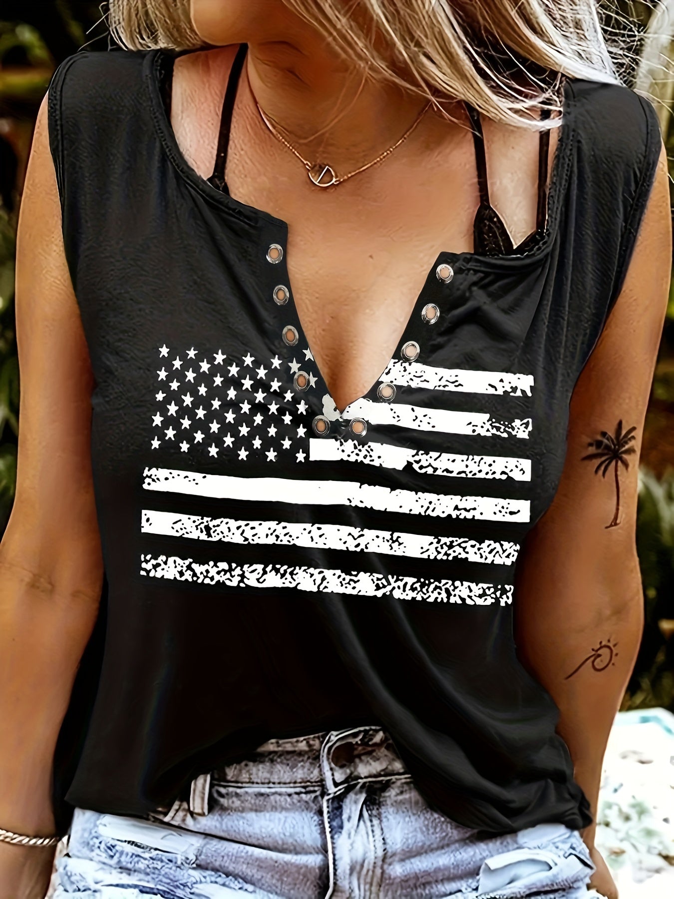 Women's Flag Print Tank Top V-Neck Sleeveless Casual Top