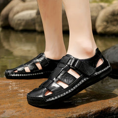 Men's Vintage Leather Slide Sandals Hook and Loop Casual Walking Shoes