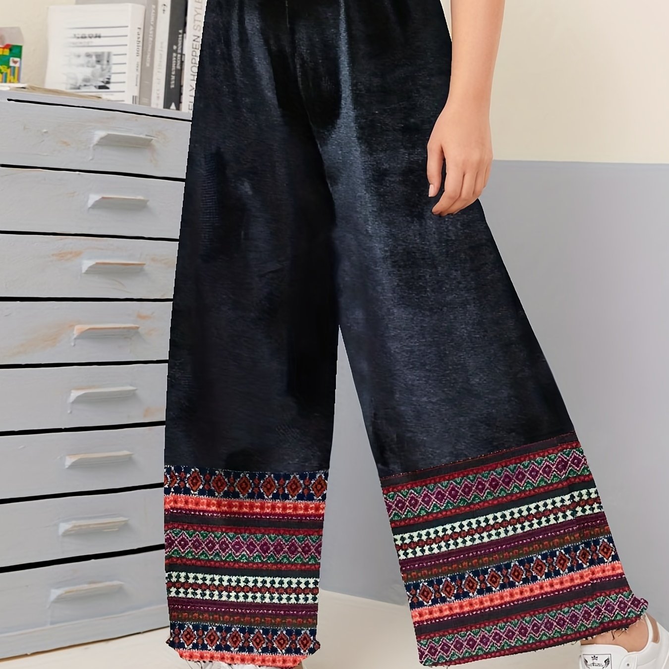 Boho Pants Women's Plus Tribal Print Wide Leg Pants