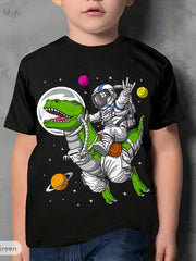 3D Printed Boy's Astronaut & Dinosaur T Shirt Active Stretchy Tee