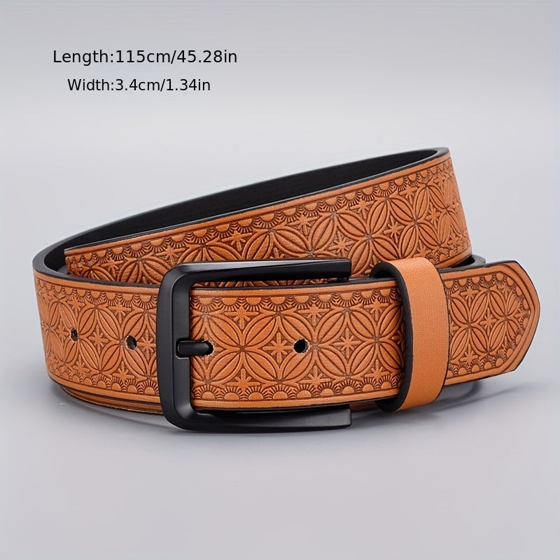 Men's Retro Flowers Pattern Buckle Belt Decorative PU Leather Belt