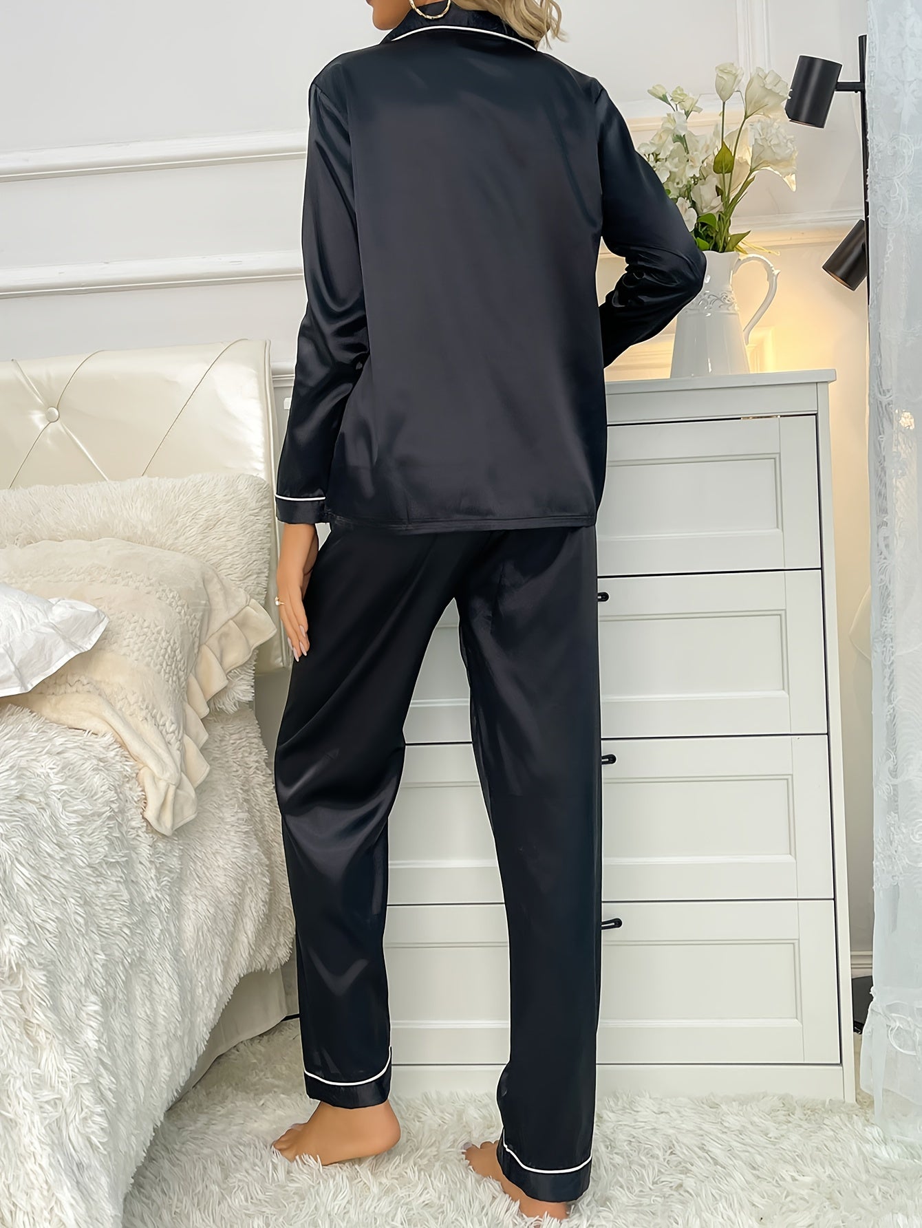 Contrast Trim Pajama Set Long Sleeve Top & Pants