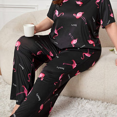 Flamingo & Letter Print Tee & Pants Lounge Set