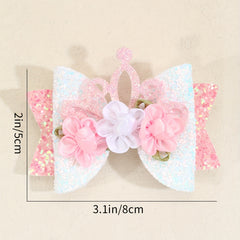 Pink Glitter Crown Bow Flowers Hair Clips for Baby Girls