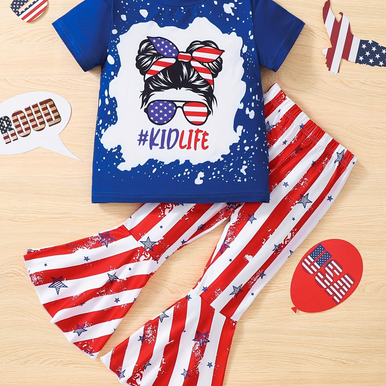 2pcs Toddler Girls Graphic T Shirt & Striped Star Pants Set