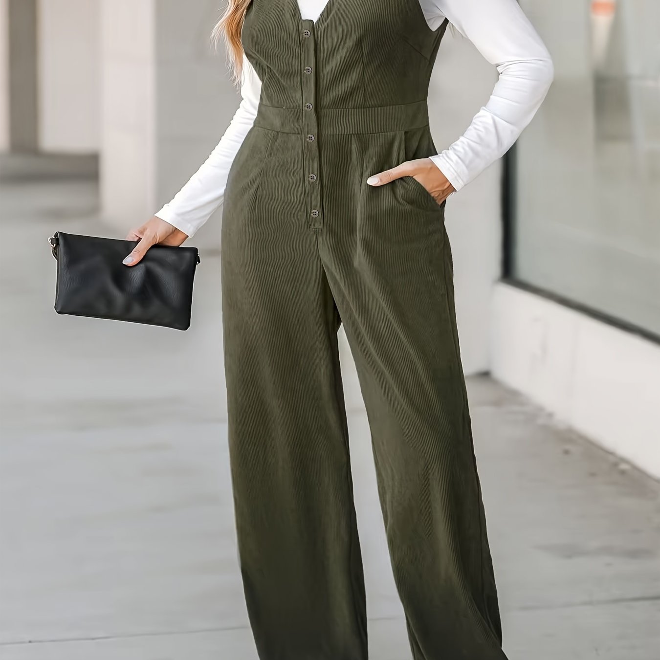 Corduroy Button Up V Neck Wide Leg Jumpsuit
