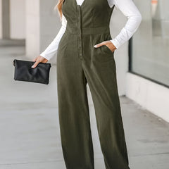 Corduroy Button Up V Neck Wide Leg Jumpsuit