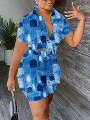 Denim Print Crop Top & Cargo Shorts Outfit Set Plus Size