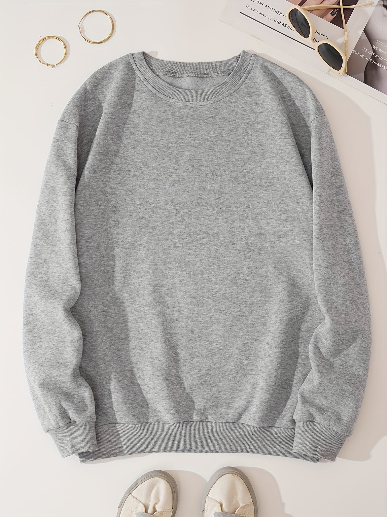 Women's Solid Pullover Sweatshirt Crew Neck Casual Long Sleeve