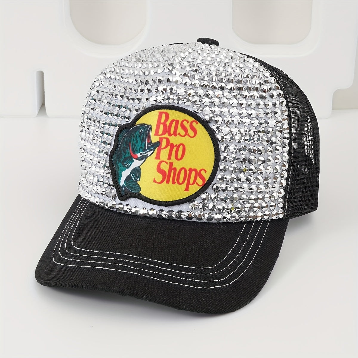 Fish Printed Patch Baseball Cap Rhinestone Block Mesh Breathable Trucker Hat
