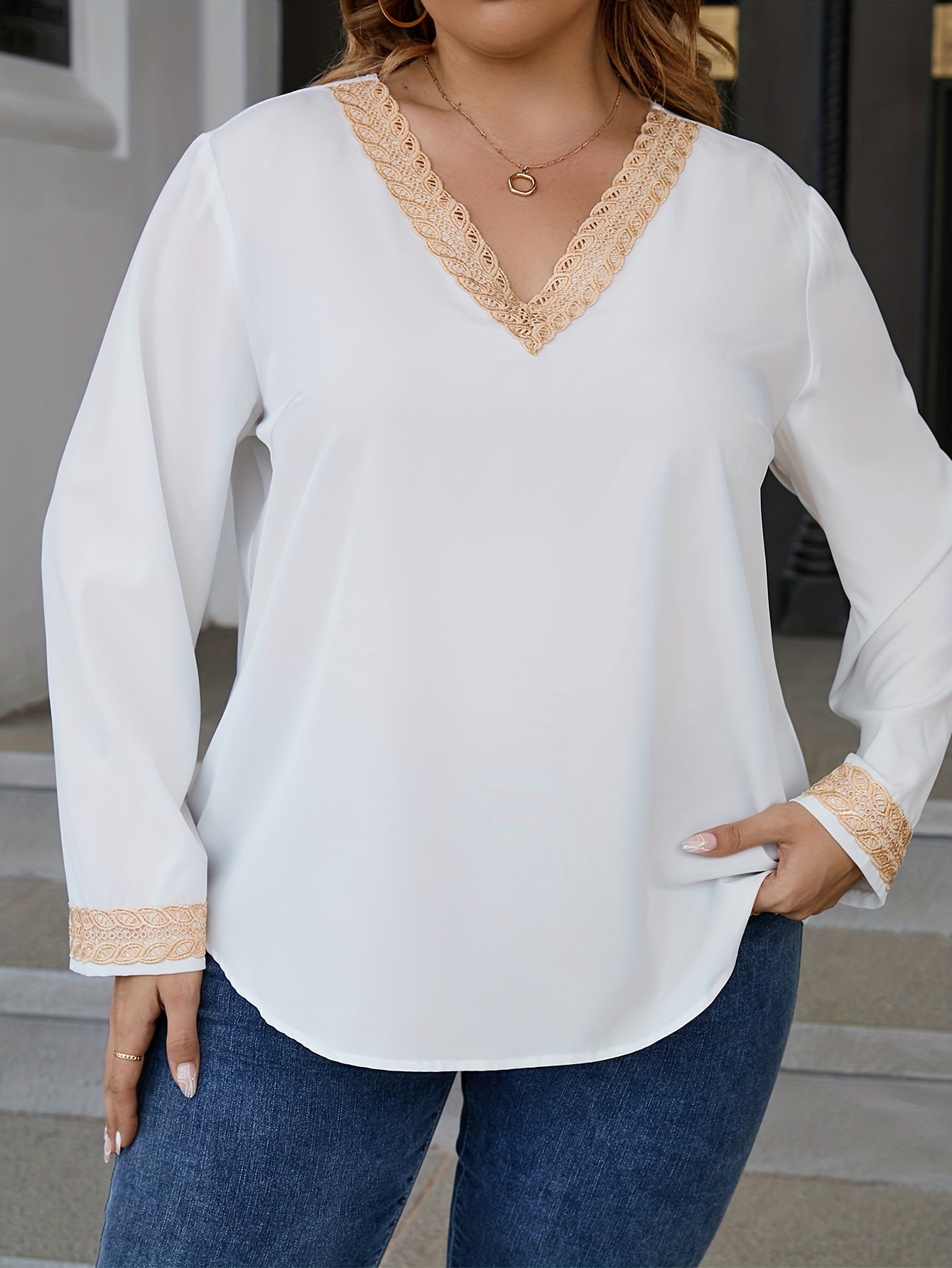 Colorblock Lace Long Sleeve V Neck Casual Blouse