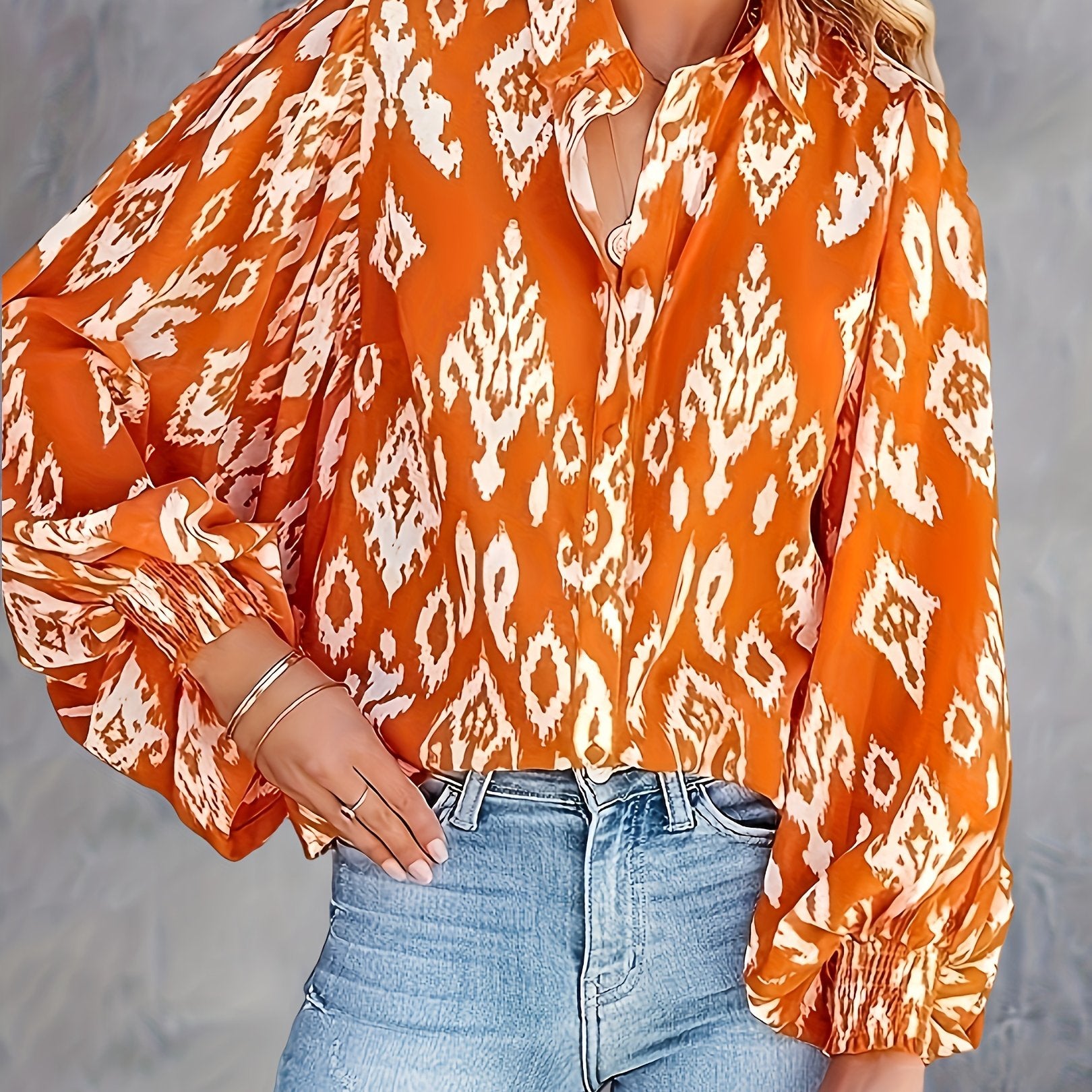 Paisley Print Button Up Lantern Sleeve Boho Blouse