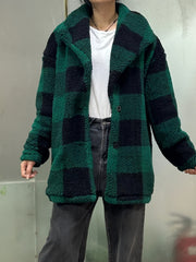Plaid Print Teddy Coat Waterfall Collar Button Front Warm Outerwear