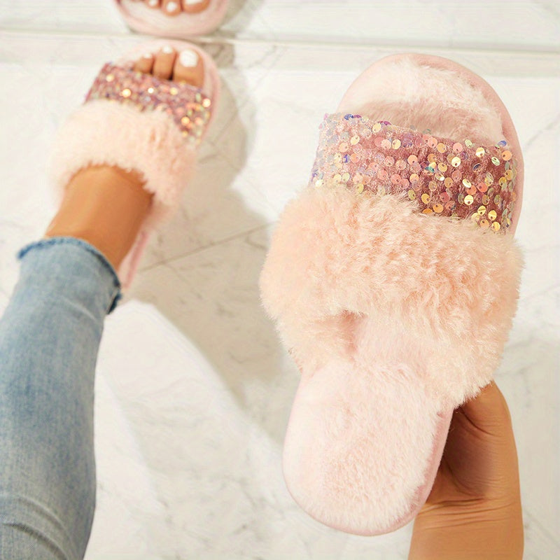 Women's Sequins Fluffy Slippers Warm Plush Indoor Fuzzy Slippers