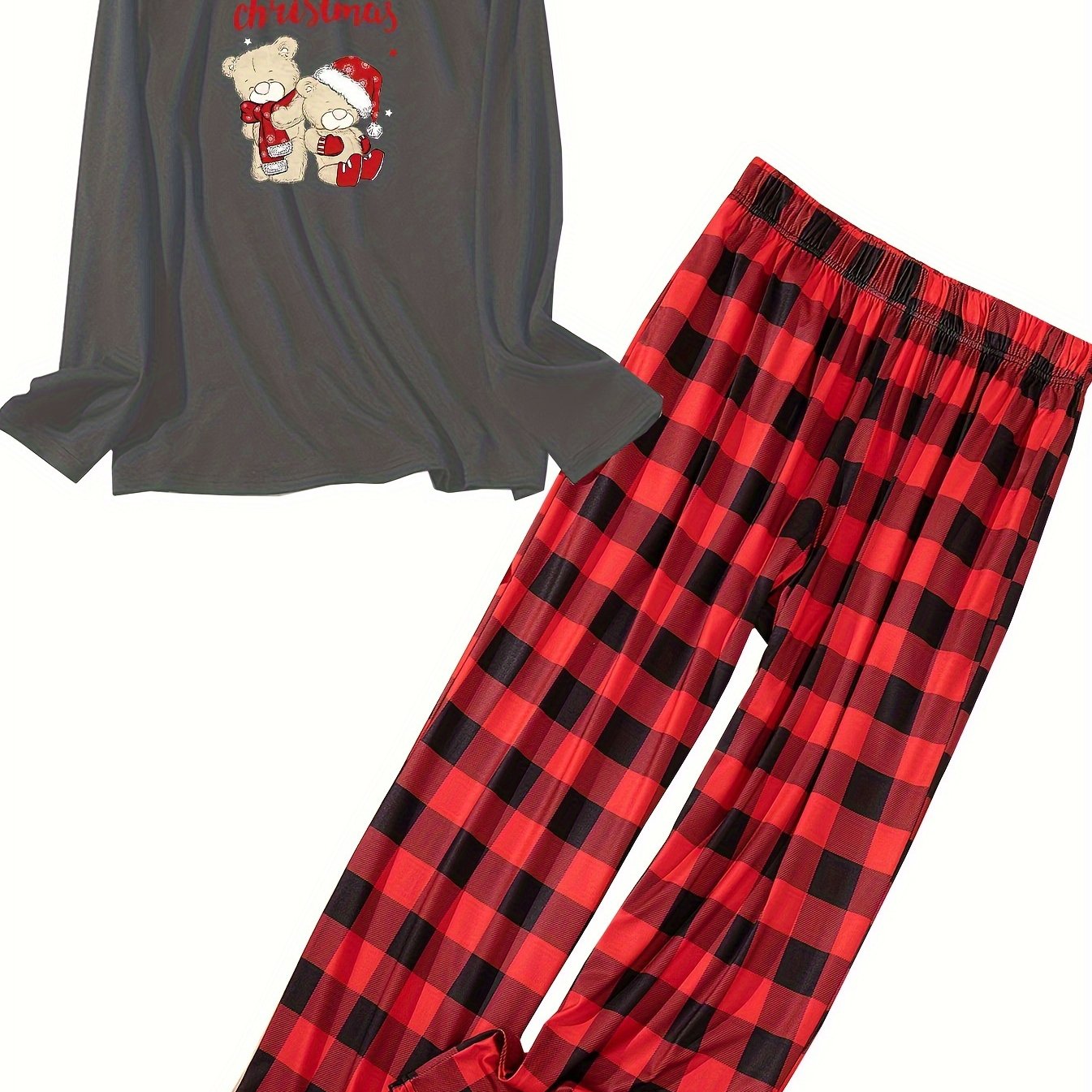 Christmas Lounge Set Bear Print Long Sleeve Tee & Plaid Pants