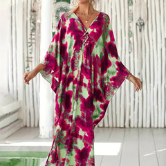 Boho Abaya Dress Women's Plus Tie Dye Batwing Sleeve V Neck Split Maxi