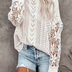Solid Crew Neck Lace Pullover Sweater for Women
