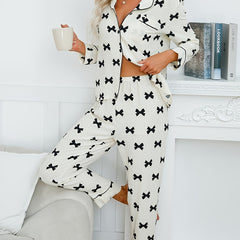 Butterfly Pattern Pajama Set Long Sleeve Blouse & Pants Women's Sleepwear