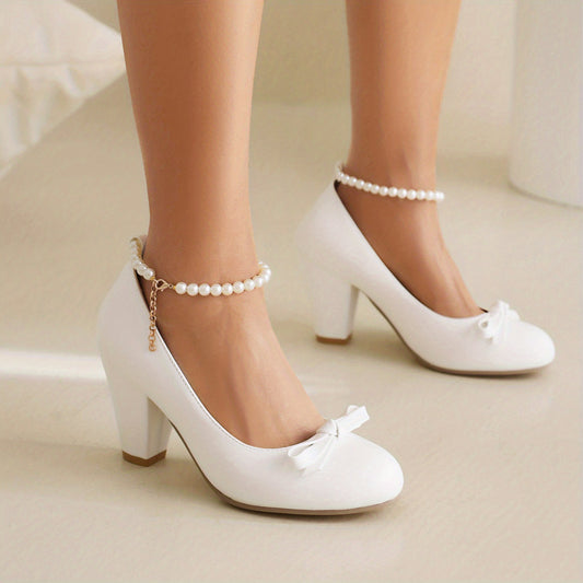 Bowknot Block Heel Pumps with Faux Pearl Chain