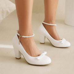 Bowknot Block Heel Pumps with Faux Pearl Chain