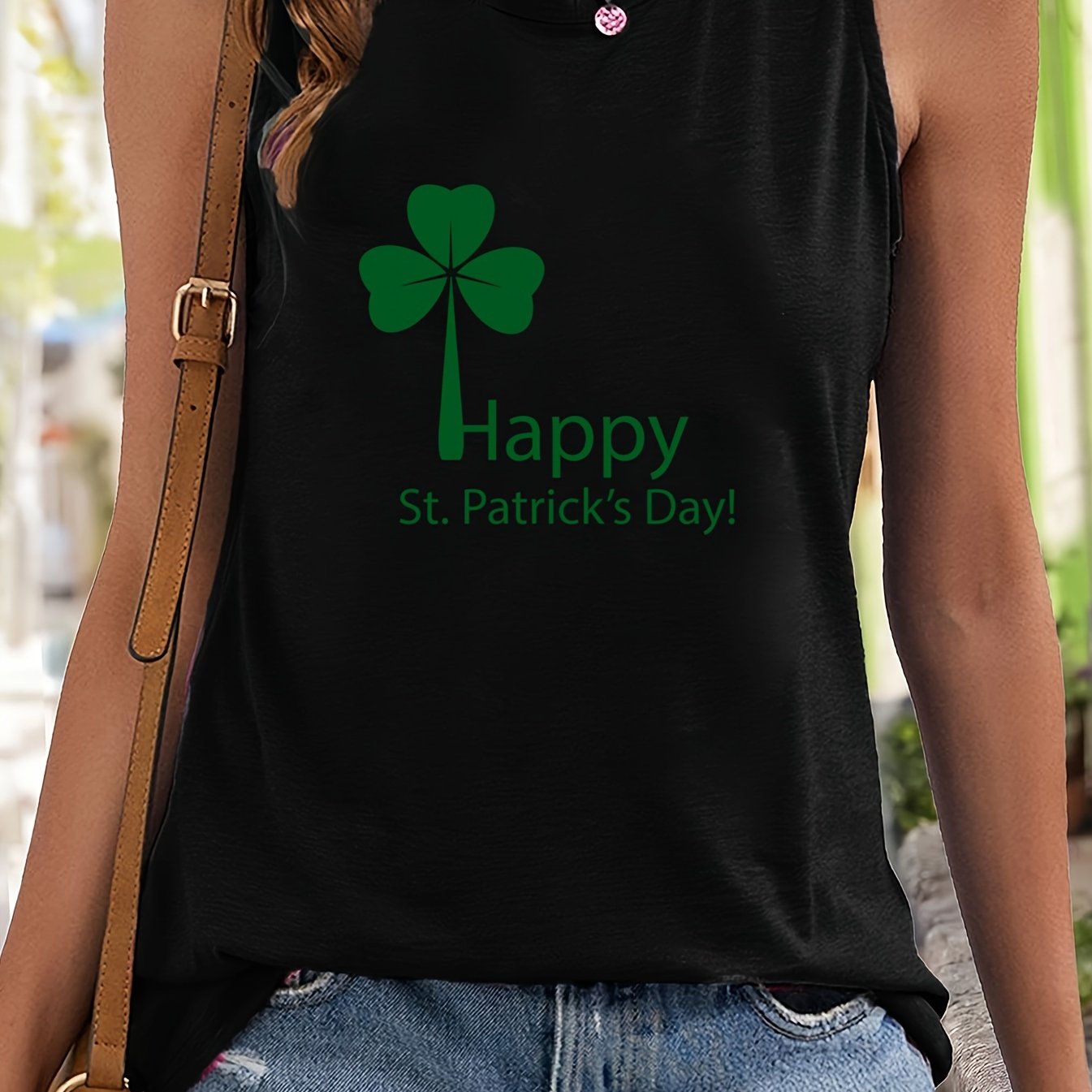 Letter & Leaf Print Sleeveless Sports Vest Round Neck Stretchy Casual Top