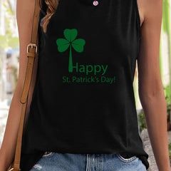 Letter & Leaf Print Sleeveless Sports Vest Round Neck Stretchy Casual Top