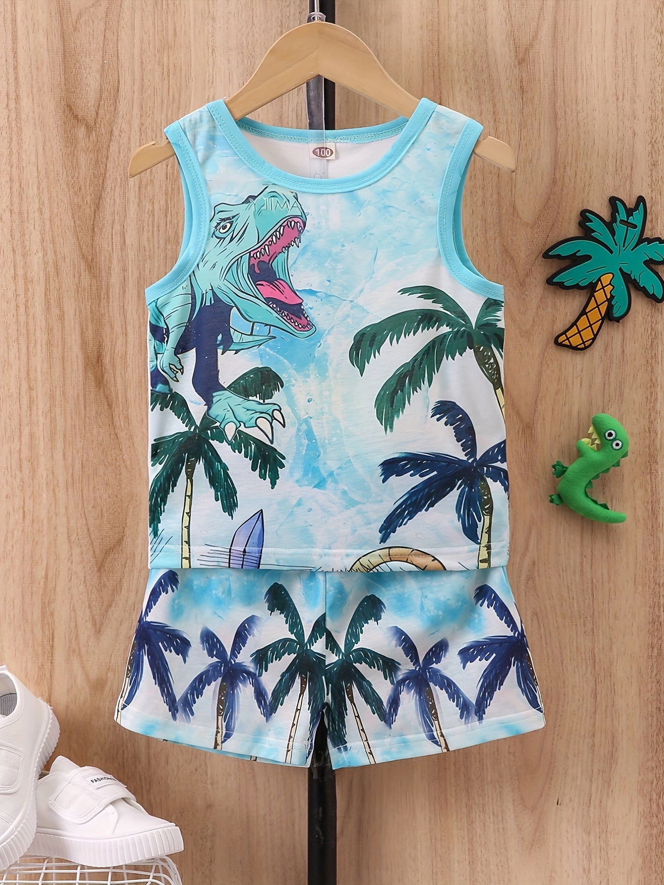 Boys Dinosaur & Coconut Tree Tank Top & Shorts Set for Summer