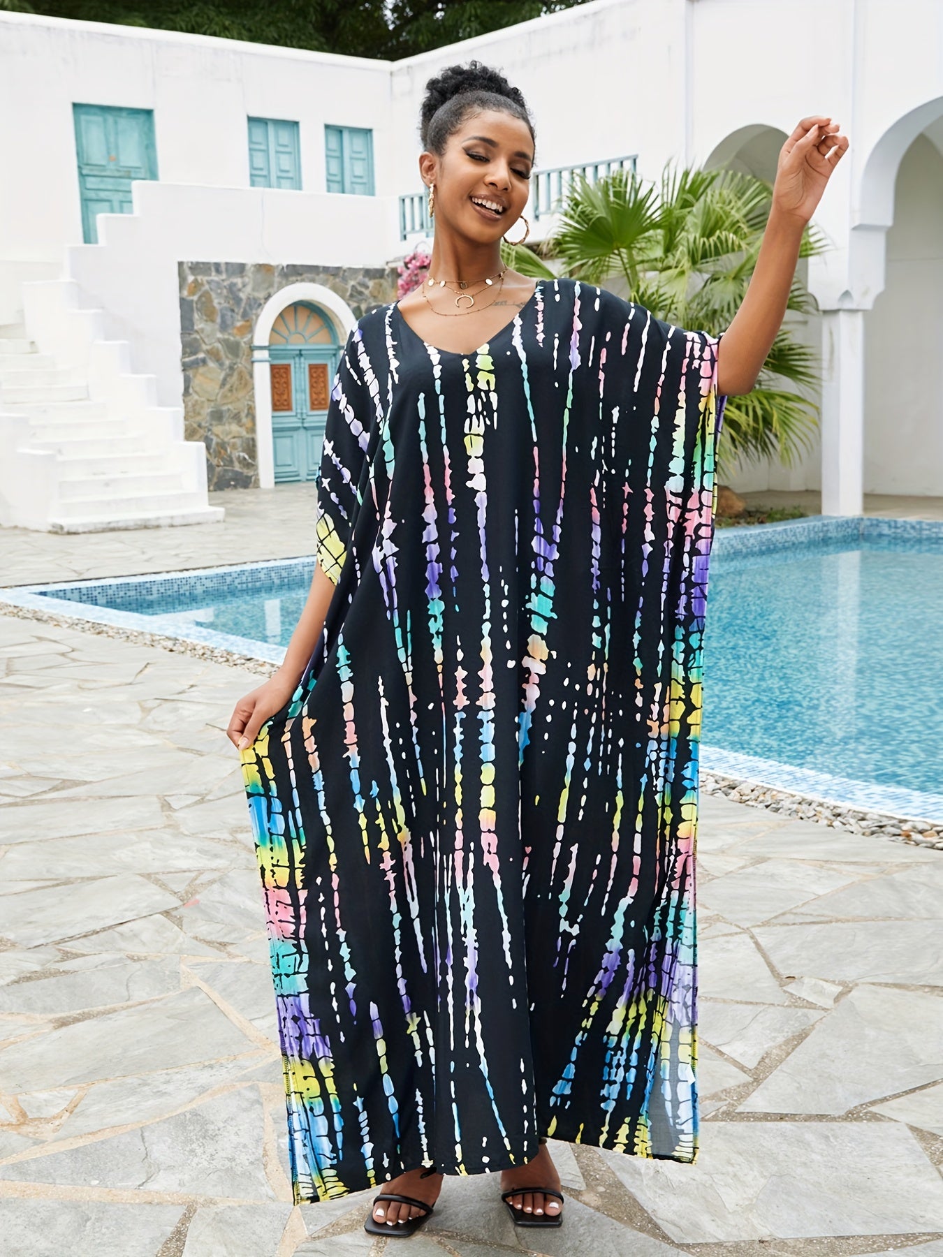 Boho Cover Up Tie Dye Striped V Neck Beach Cover Up Dress