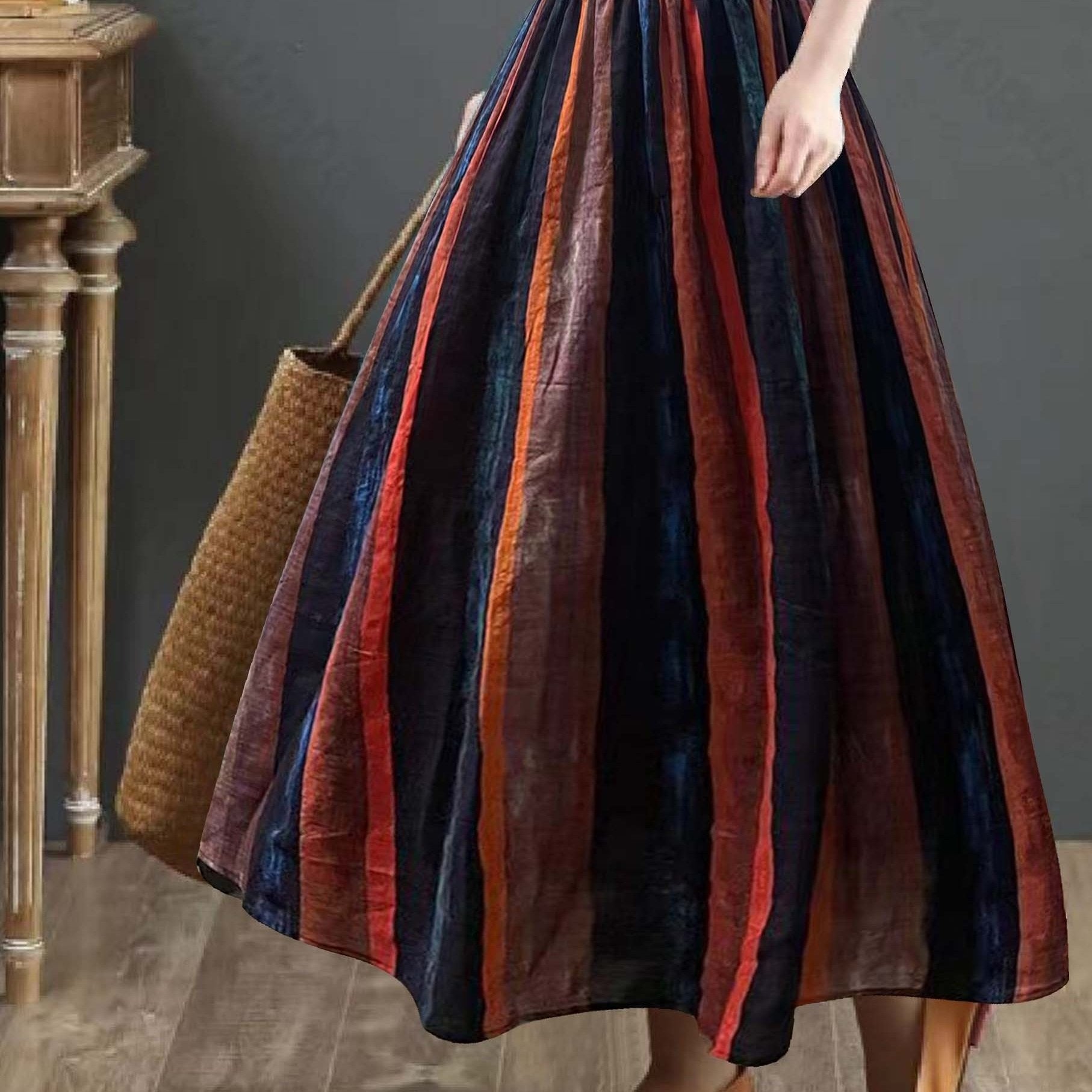 Women's Plus Size Colorblock Striped Maxi Skirt