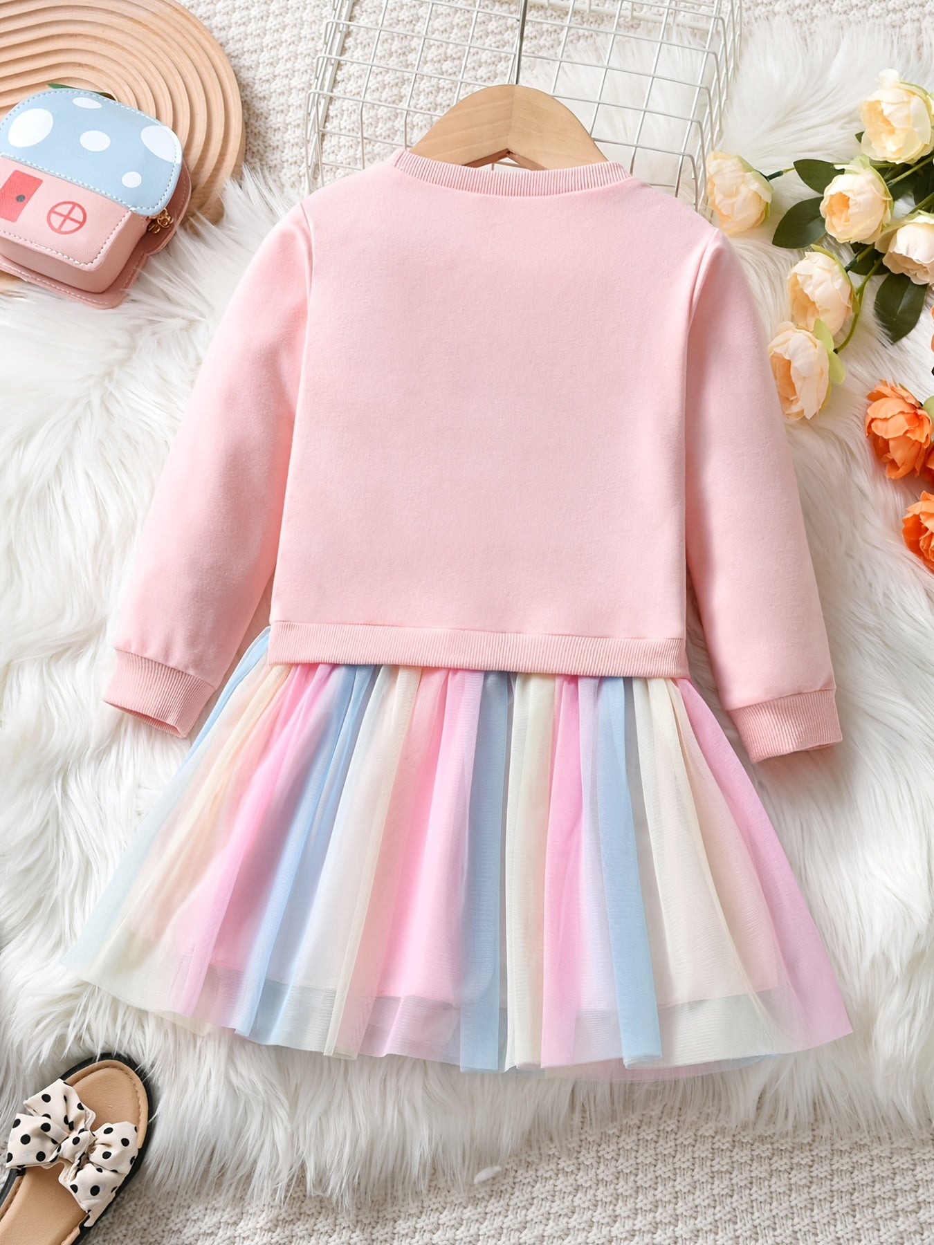 Girls Unicorn Long Sleeve Tutu Dress Tulle Stitching Casual Dress