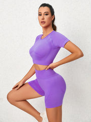 2pcs Solid Workout Sets Crop Top & Butt Lifting Athletic Shorts