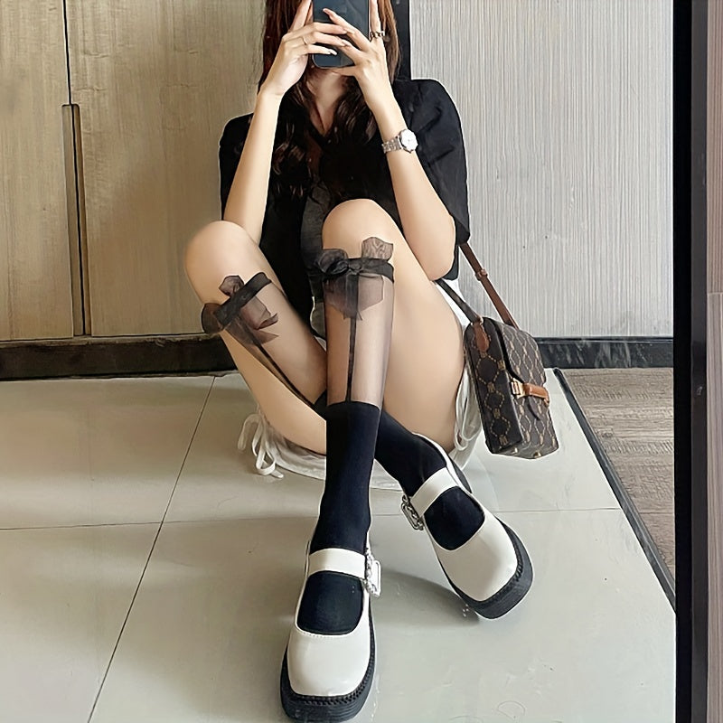 Mesh Stitching Bow Calf Socks Knee High Women's Stockings