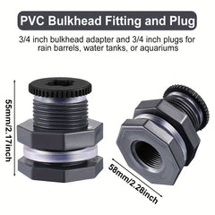 2 Sets PVC Bulkhead Fitting With Plugs for Rain Barrels Aquariums Water Tanks
