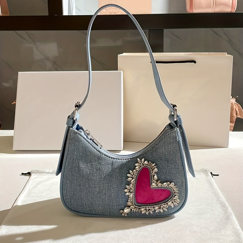 Y2K Heart Shoulder Bag Denim Handbag for Women