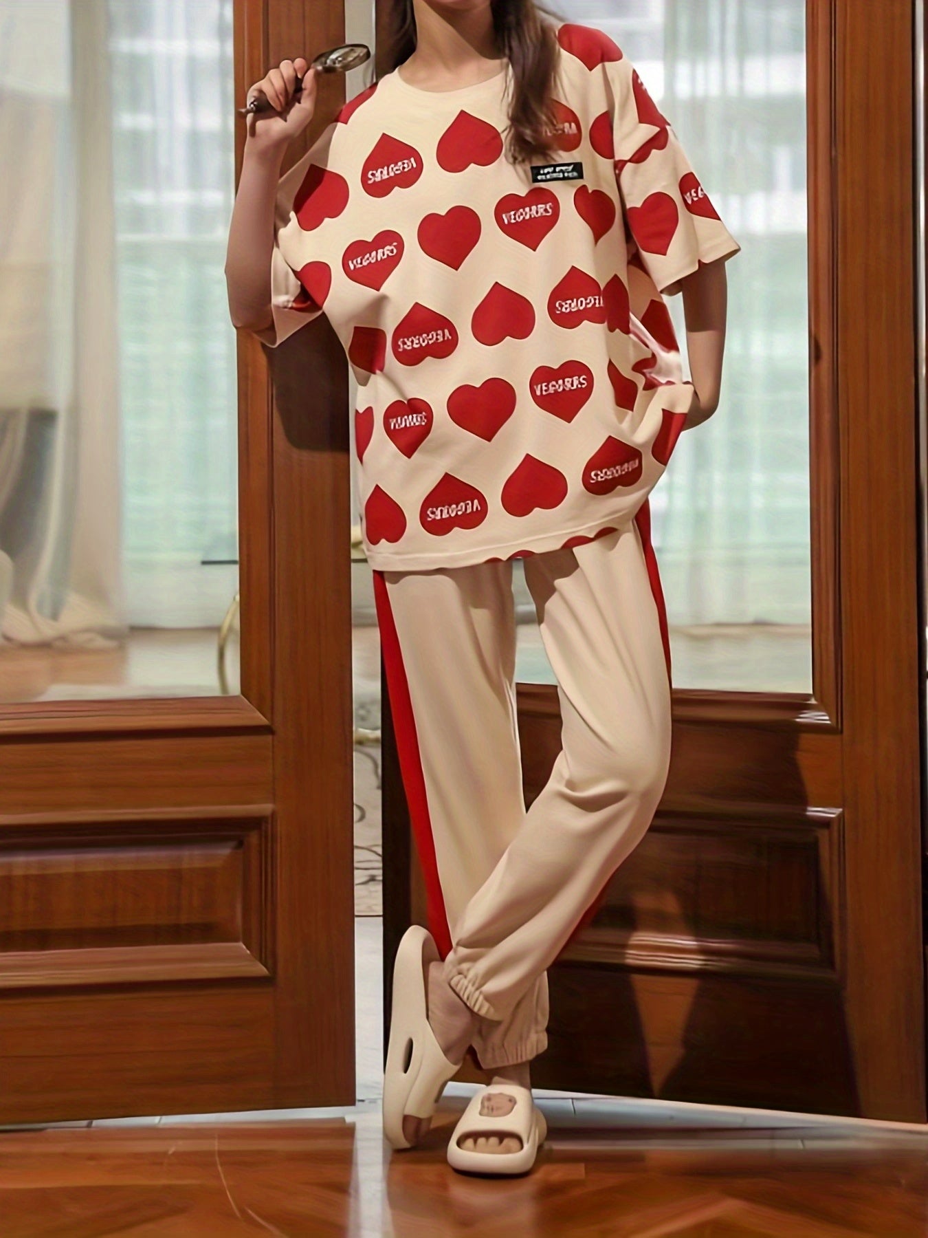 Heart Print Pajama Set Short Sleeve Crew Neck Top & Colorblock Pants