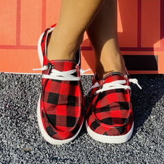 Christmas Red Plaid Pattern Flat Shoes Women's Casual Lightweight Soft