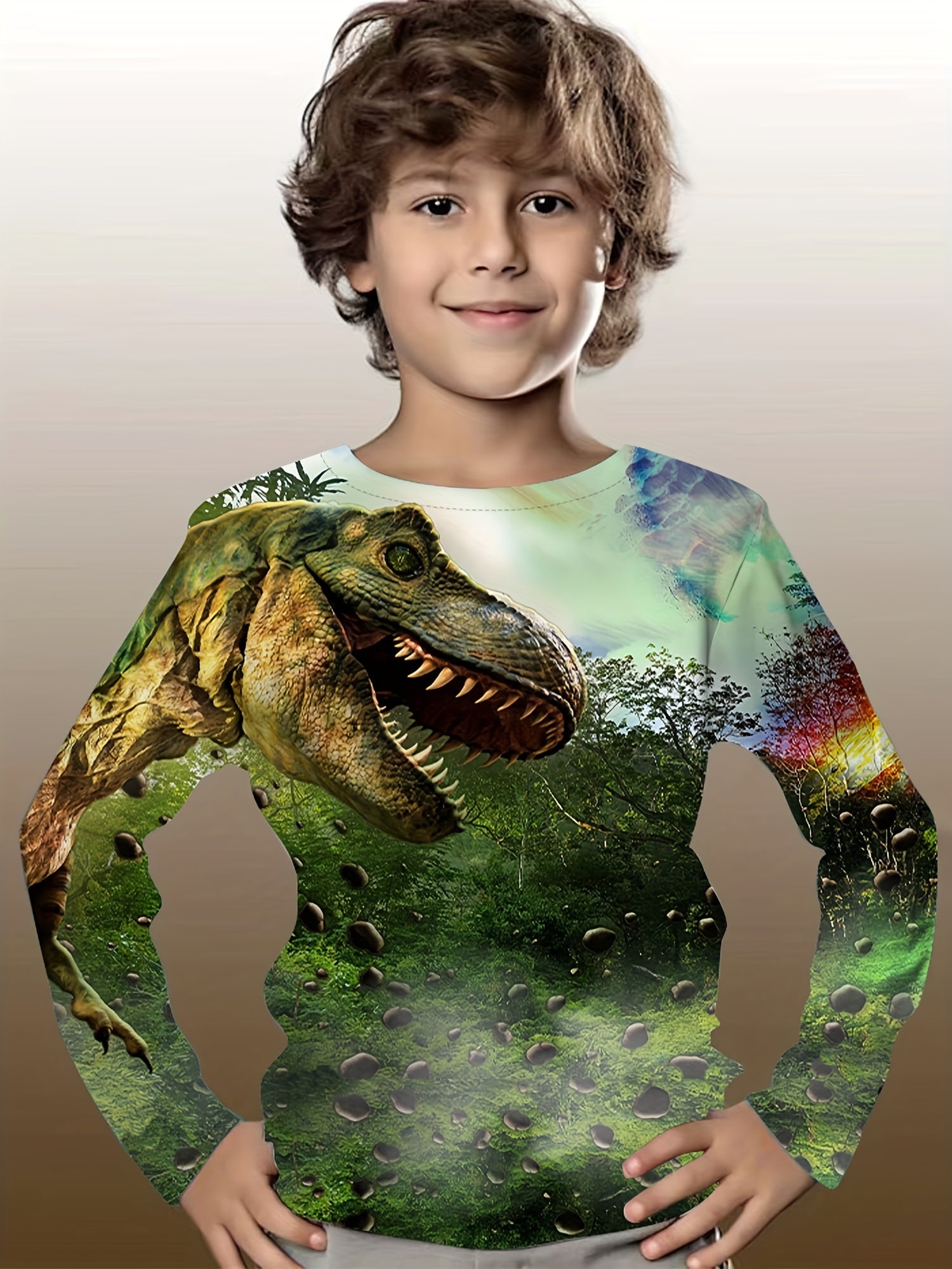 3D Dinosaur Kid's Pullover Long Sleeve Top For Spring Fall Winter
