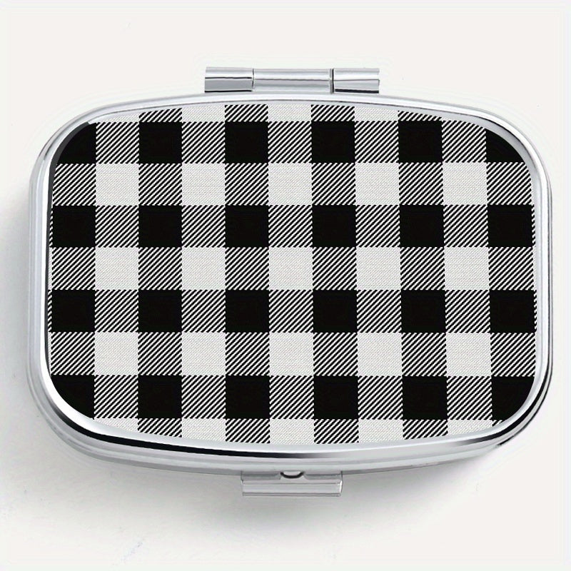 Compact Plaid Pill Organizer Metal Case, Ideal for Travel & Jewelry Storage