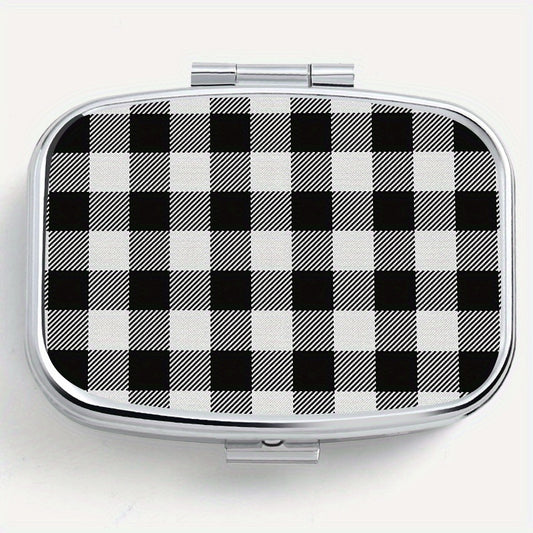 Compact Plaid Pill Organizer Metal Case, Ideal for Travel & Jewelry Storage