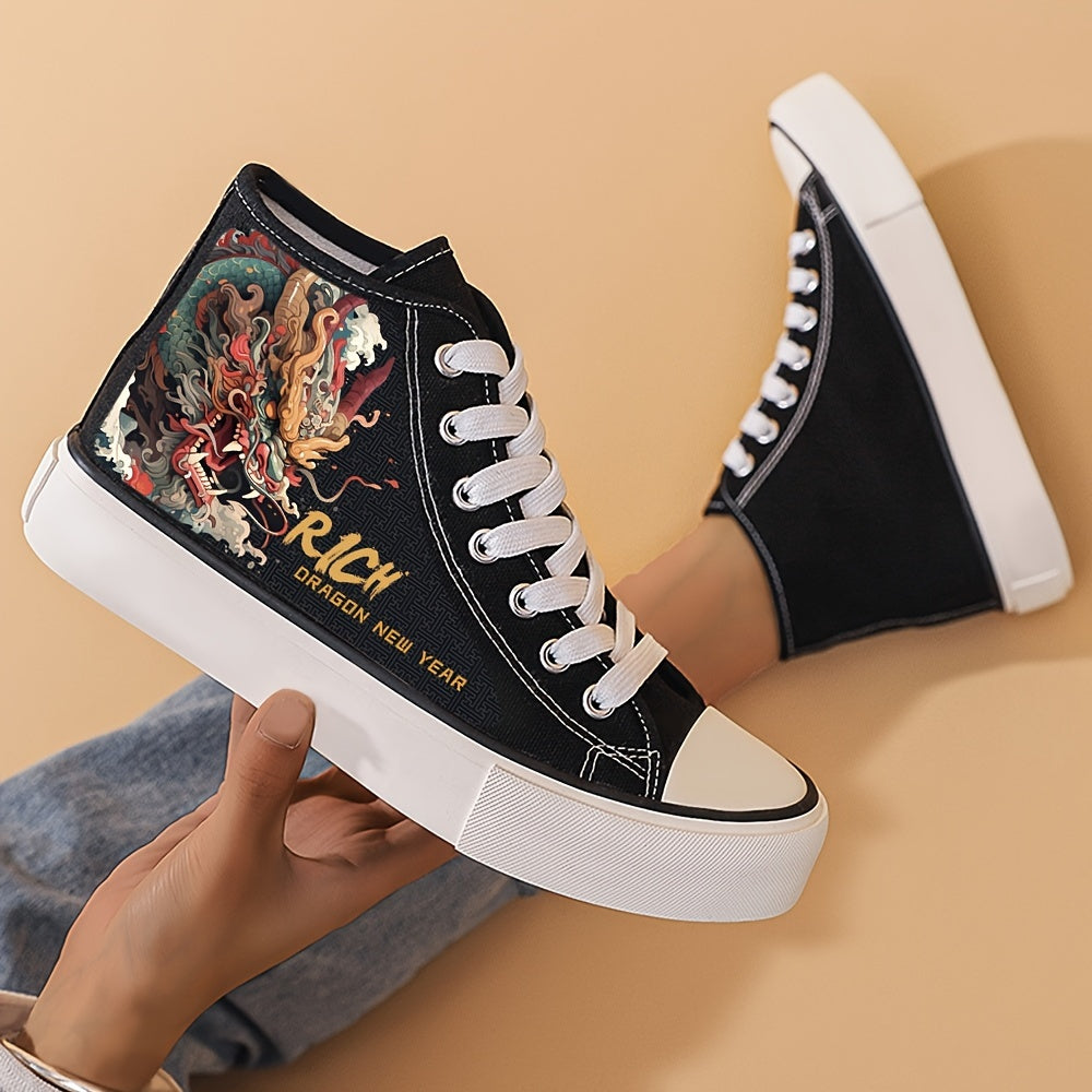 Chinese Dragon Print Flat Heighten Canvas Sneakers