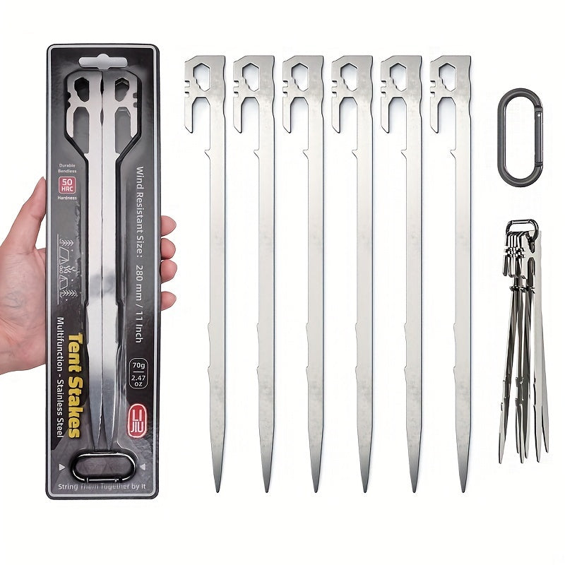 6pcs 27.94cm Stainless Steel Tent Nails with Carabiner