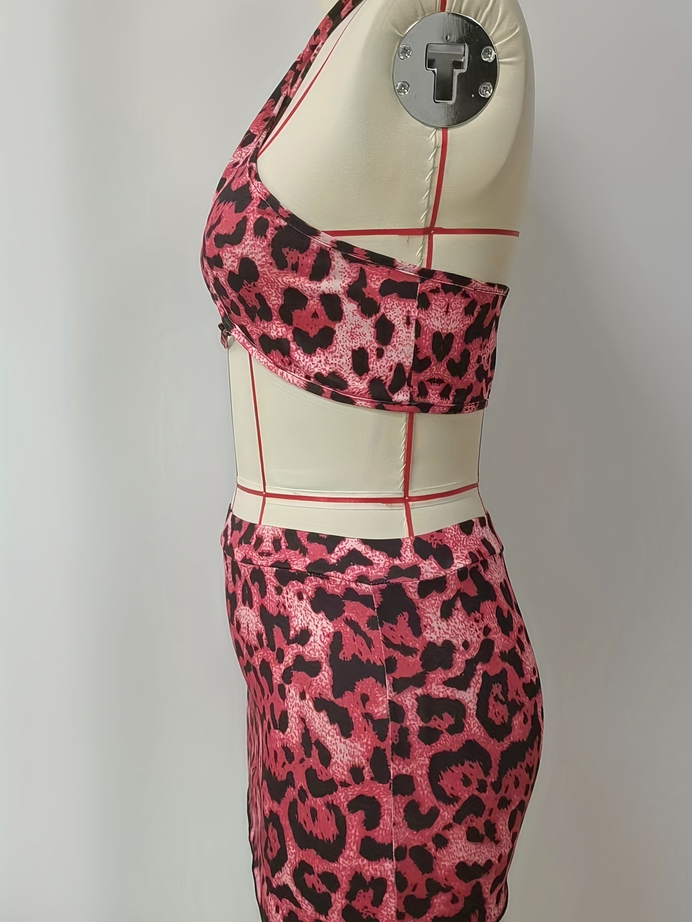 Leopard 2pc Cosplay Set Halter Top & Bodycon Skirt Outfit Women's Clothing