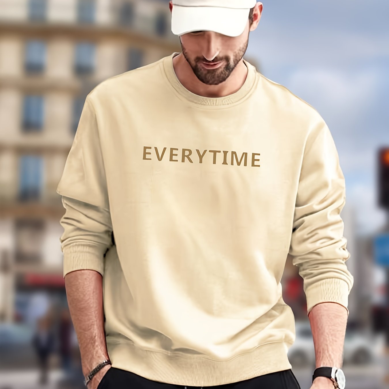 EVERYTIME Print Sweatshirt Men's Casual Graphic Crew Neck Pullover Sweatshirt