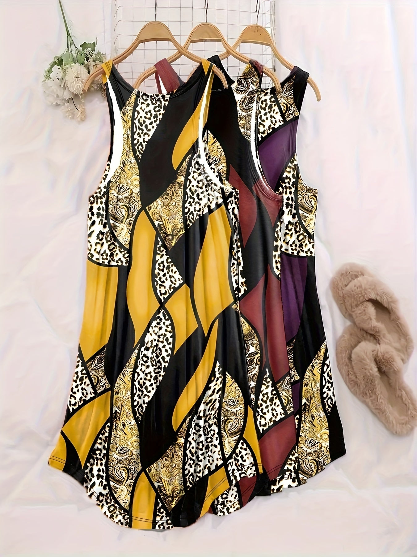 3 PC Plus Size Retro Loungewear Dress Set Leopard & Paisley Print